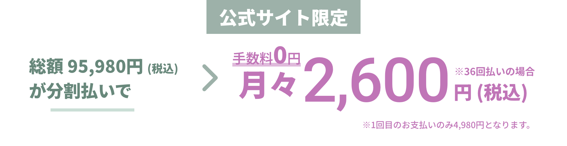 公式サイト限定総額 95,980円 (税込)が分割払いで月々2600円（税込）