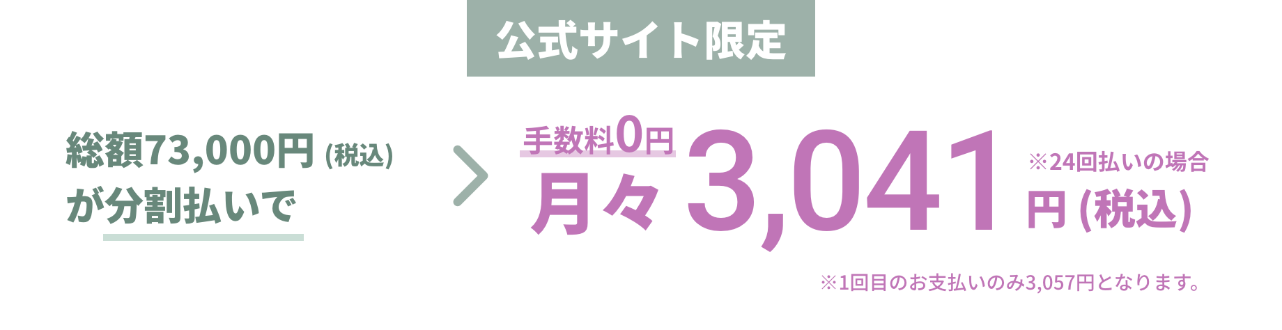 公式サイト限定総額 73,000円 (税込)が分割払いで月々3,041円（税込）