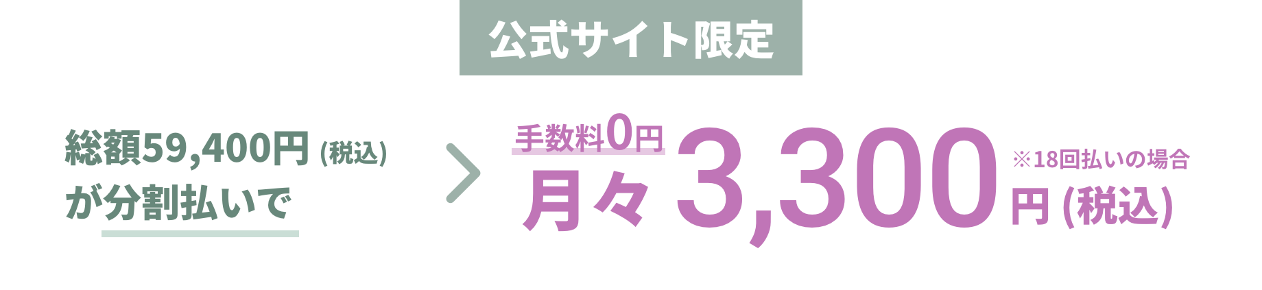 公式サイト限定総額 59,400円 (税込)が分割払いで月々3,300円（税込）※18回払いの場合